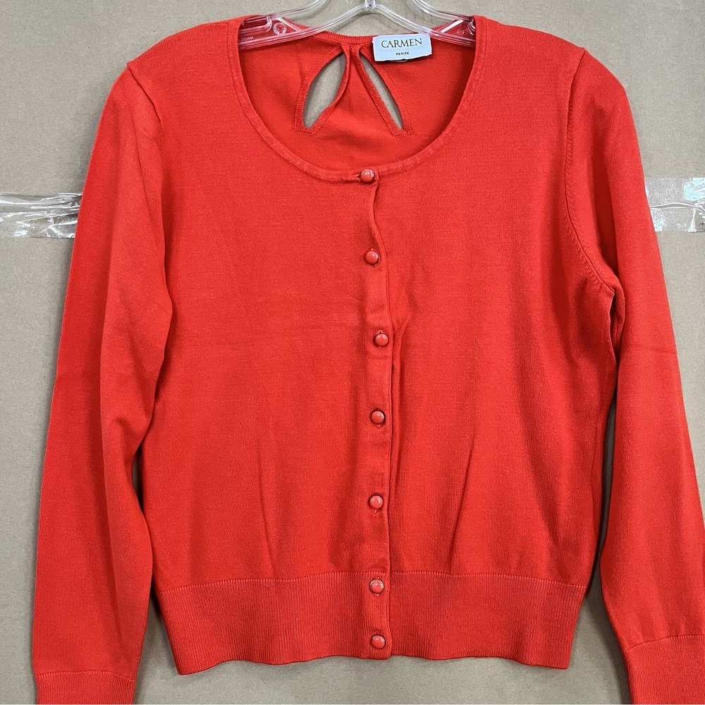 Carmen Marc Valvo Cardigan Sweater Women Petite Large Orange Keyhle Back Buttons